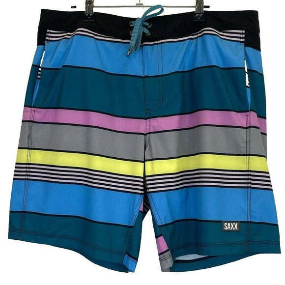 Saxx  Swim Trunks Boardshorts Mens 36 Striped Hybrid Betawave 2N1 Ballpark Pouch - Picture 1 of 5